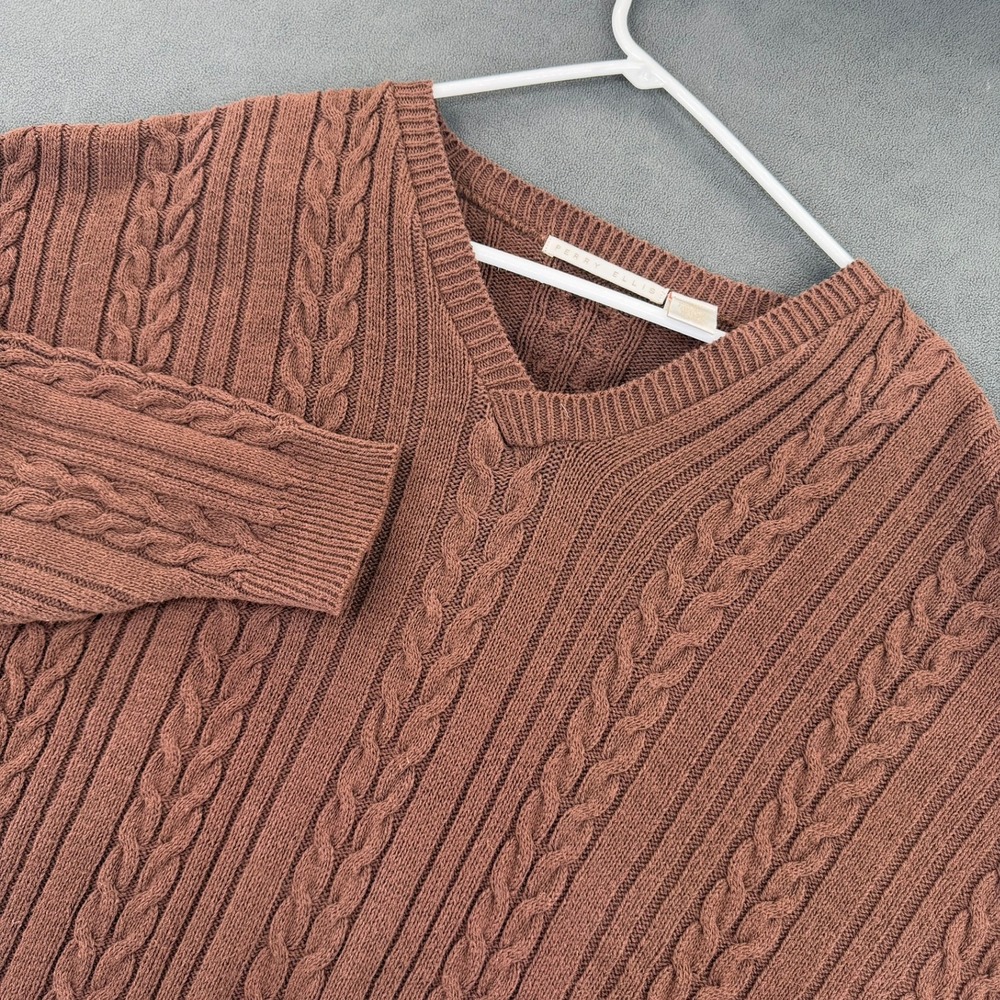 VTG Perry Ellis Mens XL Brown Cable Knit V-Neck Sweater 100% Cotton Made in USA